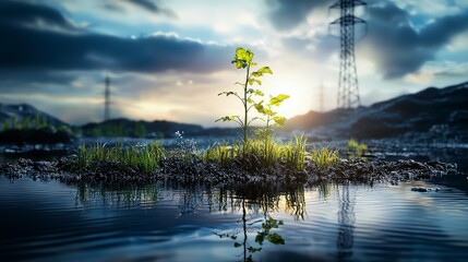 Aufkleber - A tranquil tech landscape emerging greenery amidst industry powerhouses nature digital world serenity future
