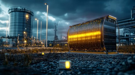 Poster - Innovative energy storage solution for renewable power industrial complex photo urban environment close-up sustainable future