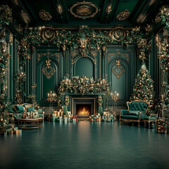 Wall Mural - a large room with a fireplace and a christmas tree. the room is decorated with green and gold accent