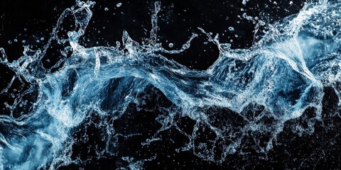 Poster - A water wave is shown in a black background. The water is blue and the wave is long