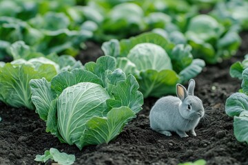 Adorable grey bunny exploring cabbage field: organic farming and cute animals