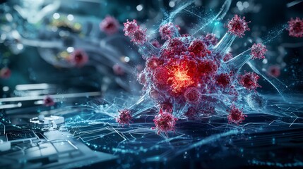 Aufkleber - Innovative digital advancement visualizing virus transformation in science futuristic laboratory 3d rendered digital art