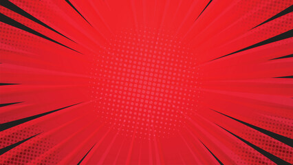 Poster - Red background pop art retro with comic sun rays. Comics rays background with halftones. Summer tropical background