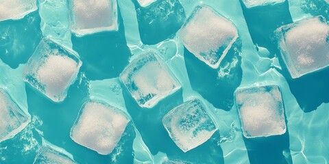 Poster - A blue body of water with ice cubes floating on top. The ice cubes are in various shapes and sizes, creating a visually interesting and dynamic scene