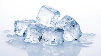 Poster - A pile of ice cubes on a white surface. The ice cubes are all different sizes and are scattered around the pile