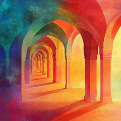 Poster - A painting of a long hallway with arches and a sun shining through. The arches are painted in different colors