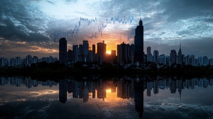Fototapete - Ecommerce growth trend reflection urban skyline digital graph dusk environment serene viewpoint