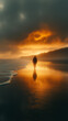 © Nadya - A person walking alone on a deserted beach at sunrise, their silhouette against the golden and grey tones of the sky, soft waves lapping at the shore creating a serene yet heavy atmosphere