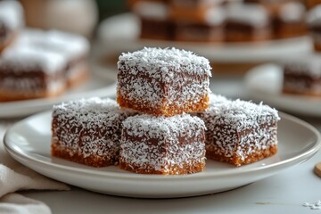 Wall Mural - Delicious gluten-free lamingtons covered in coconut and chocolate resting on white plate