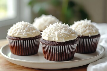 Wall Mural - Delicious chocolate cupcakes topped with cream cheese frosting and shredded coconut