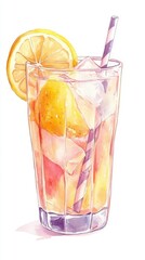 Wall Mural - A glass of lemonade with a straw in it. The straw is black and white. There is a lemon wedge in the glass