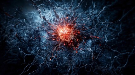 Poster - Ai neural networks intertwining in a glowing display digital realm abstract art dark atmosphere close-up technology
