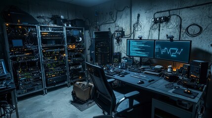 Poster - Cybersecurity showdown hacker's lair under siege in a dimly lit tech environment