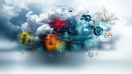 Fototapete - Digital transformation roadmap corporate office infographic cloud integration strategic overview visual impact