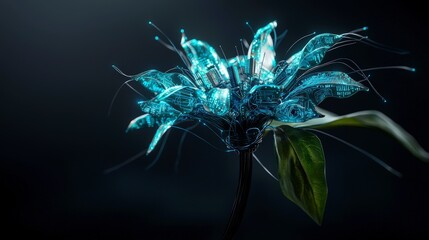 Poster - Futuristic electronic flower digital garden 3d render night scene close-up nature meets technology