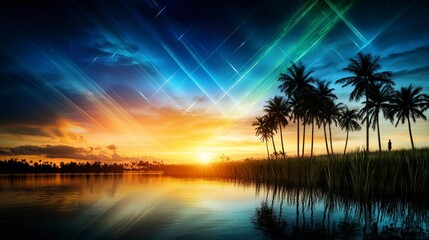 Aufkleber - Tropical sunset over serene waters coastal paradise digital art vibrant sky aesthetic viewpoint