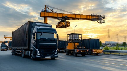 Poster - Logistics and automation in action trucking operations at a sunset port terminal