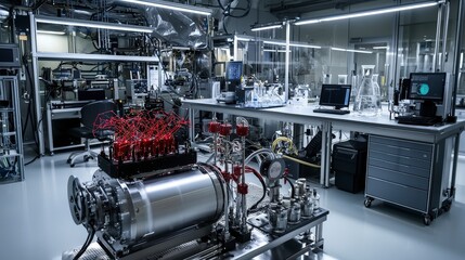 Poster - High-tech research lab featuring quantum computing innovations in a futuristic scientific environment