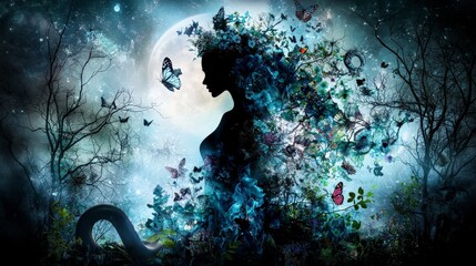 Poster - Mystical woman silhouette surrounded by butterflies enchanted forest at night fantasy art dreamy atmosphere captivating view