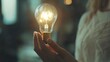 © heinng - Close-up Photo: Woman Gently Holding Glowing Lightbulb, Innovative Idea Concept. AI Generated