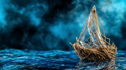 Aufkleber - Artistic sailboat made from woven cords on serene waters capturing intricate design close-up view nature concept