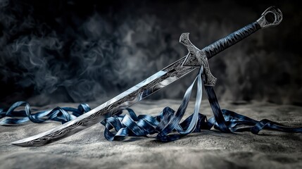 Poster - Sleek sword design with shimmering silver ribbon fantasy realm product photography dramatic atmosphere close-up artistry