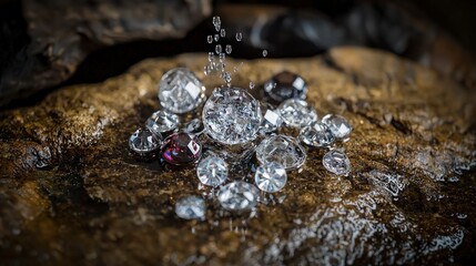 Poster - Crystal buttons forming a fountain display nature photography outdoor setting close-up creative art concept