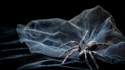 Aufkleber - Intricate spider design crafted from fine mesh fabric studio setting macro photography dark background artistic concept