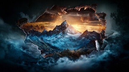 Aufkleber - Mountain landscape torn photo pieces scenic view digital art atmospheric environment creative concept