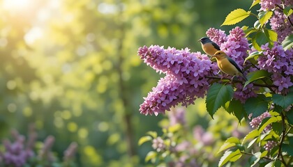 Two birds perched on vibrant lilac blossoms in sunlight