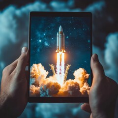 Poster - Hands holding tablet with launching rocket. Business startup concept. Modern collage. Financial support entrepreneur. Start new business