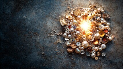Aufkleber - Sunburst creation using pearls and buttons artistic showcase indoor setting close-up view unique design concept
