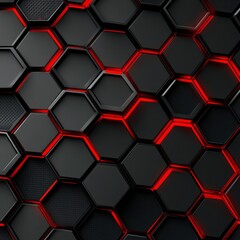 Fototapete - Luxurious dark background with carbon fiber hexagon texture. Modern background with metal lines. Abstract futuristic luxury red background.