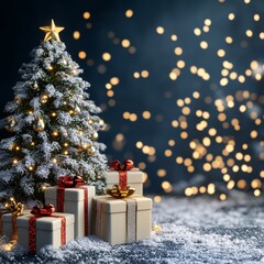 Poster - Empty of Christmas Blurred on Background. Blank Christmas. Gifts. Christmas Trees. Product Mockup. Copy space.