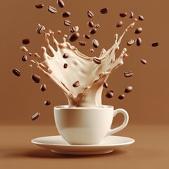 Poster - Milk coffee splash with Coffee Bean falling, 3d illustration. black coffee splash