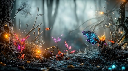 Poster - Mystical glowing plants enchanted pixel forest digital art surreal environment close-up fantasy concept