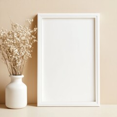 Poster - Blank white picture frame on a plain beige background. Empty poster mockup for art display.  No people.