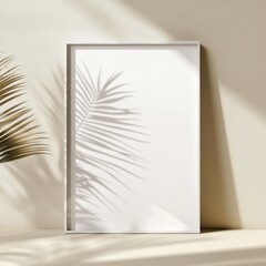 Poster - Blank white picture frame on a plain beige background. Empty poster mockup for art display.  No people.