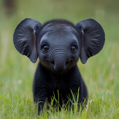 Wall Mural - Adorable Black Baby Elephant Grass Setting Cute Eyes