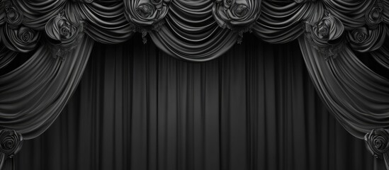 Poster - Elegant black theater stage curtains with intricate draping and ample copyspace for promotional text or announcements available for creative use