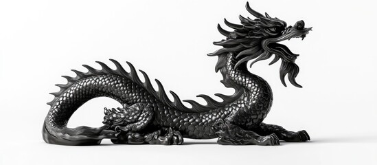 Poster - Black dragon wood carving traditional art with clear space for text showcasing craftsmanship and detail in a minimalist setting