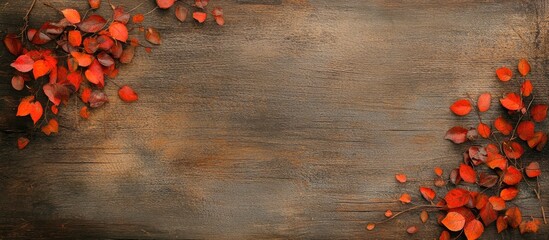 Poster - autumn leaves scattered on rustic wood background with ample space for text or branding showcasing s