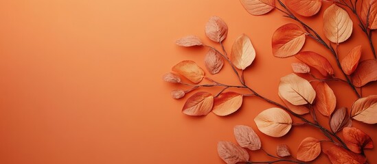 Poster - autumn leaves arrangement on warm orange background with empty space for text creating a cozy season