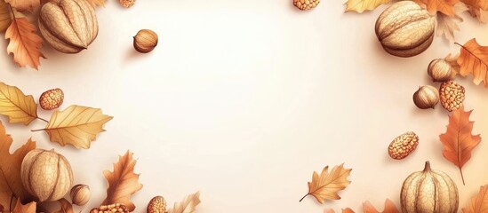 Poster - autumn border featuring colorful leaves and various nuts with an empty center space for customizable