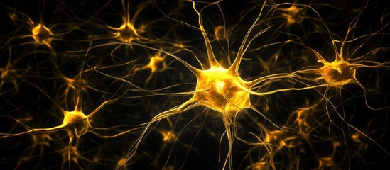 Poster - Abstract digital representation of glowing neurons in human brain illustrating neural networks and artificial intelligence on dark backdrop