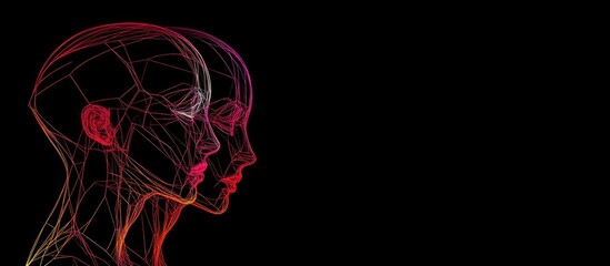 Poster - Futuristic digital illustration of two interconnected heads with abstract lines symbolizing advanced technology and space for text insertion