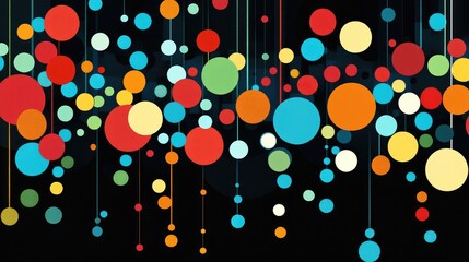 Poster - colorful abstract background with hanging circles and dots on a black backdrop featuring ample space