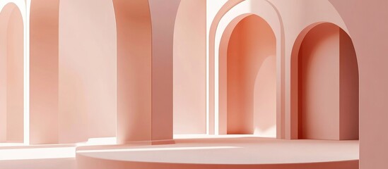 Poster - Minimalist 3D background design featuring geometric shapes and arches in soft pastel colors with space for text or branding elements.
