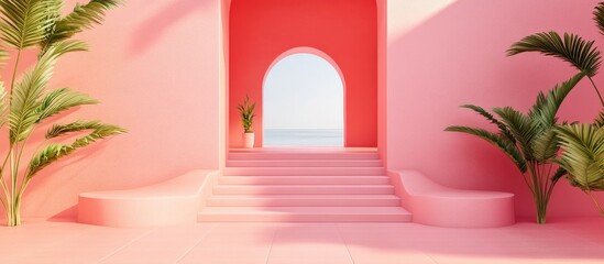 Poster - Coral Pink Color Trend Modern Architectural Design with Steps and Tropical Plants Empty Space for Text and Inspired Interiors