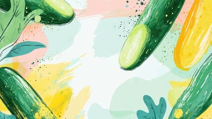 Poster - cucumber doodle background with floating green elements and space for text in pastel colors